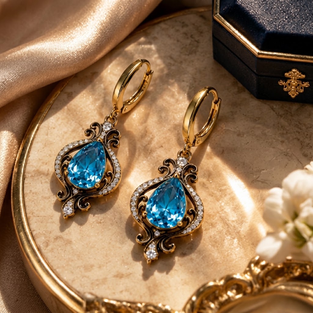 Blue Teardrop Crystal Vintage Drop Earrings