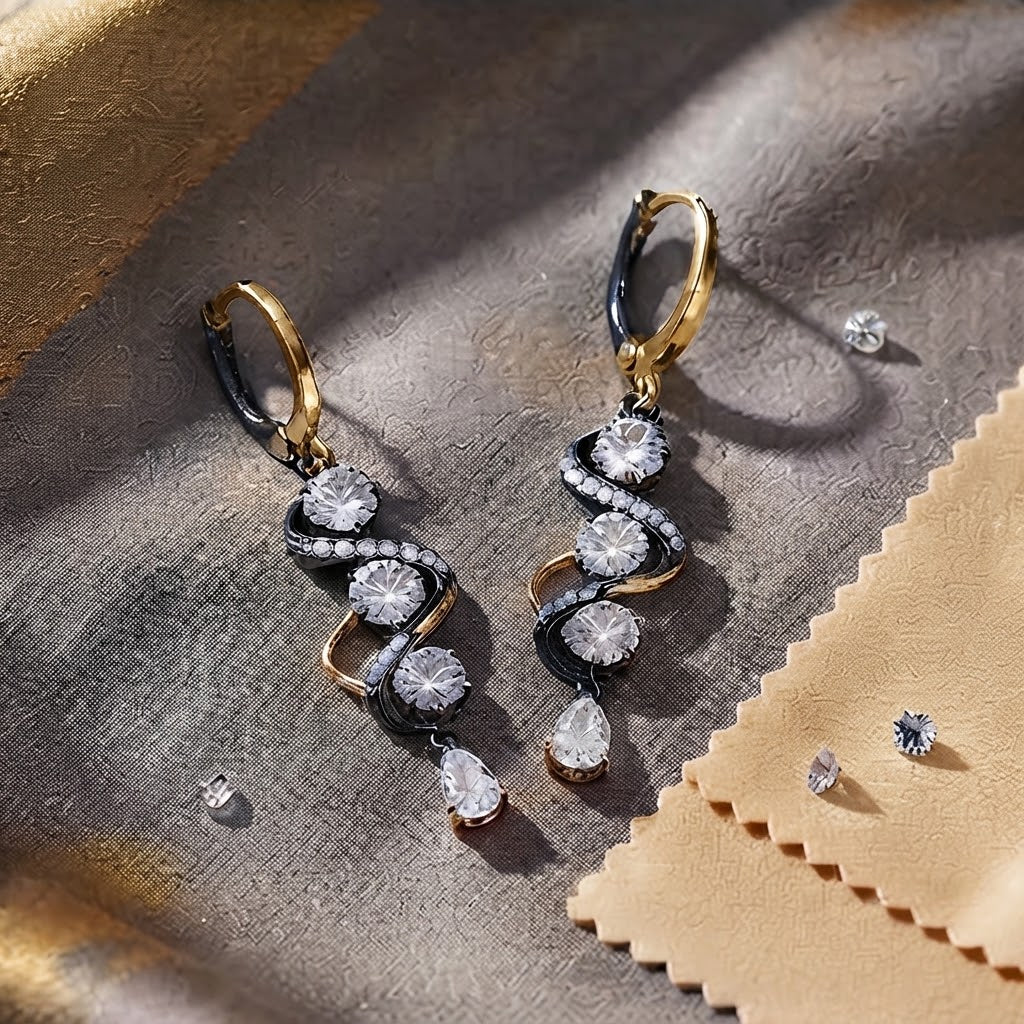 Twilight Elegance Black & Crystal Spiral Drop Earrings