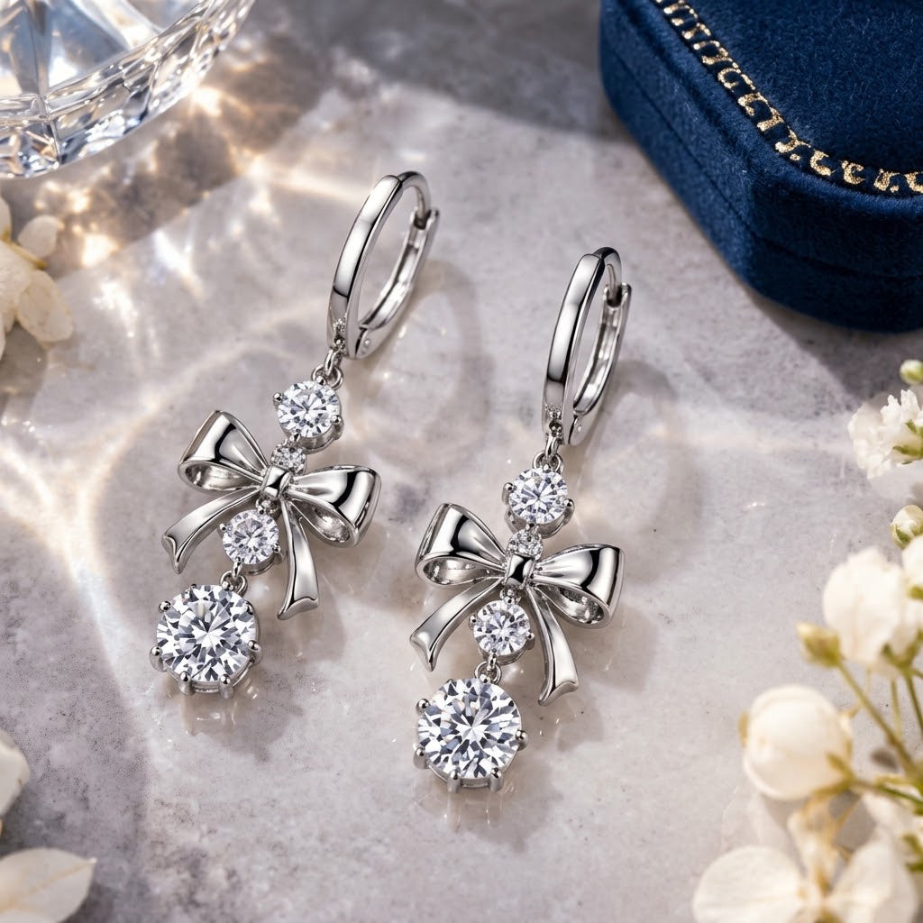 Silver Bow Crystal Drop Earrings