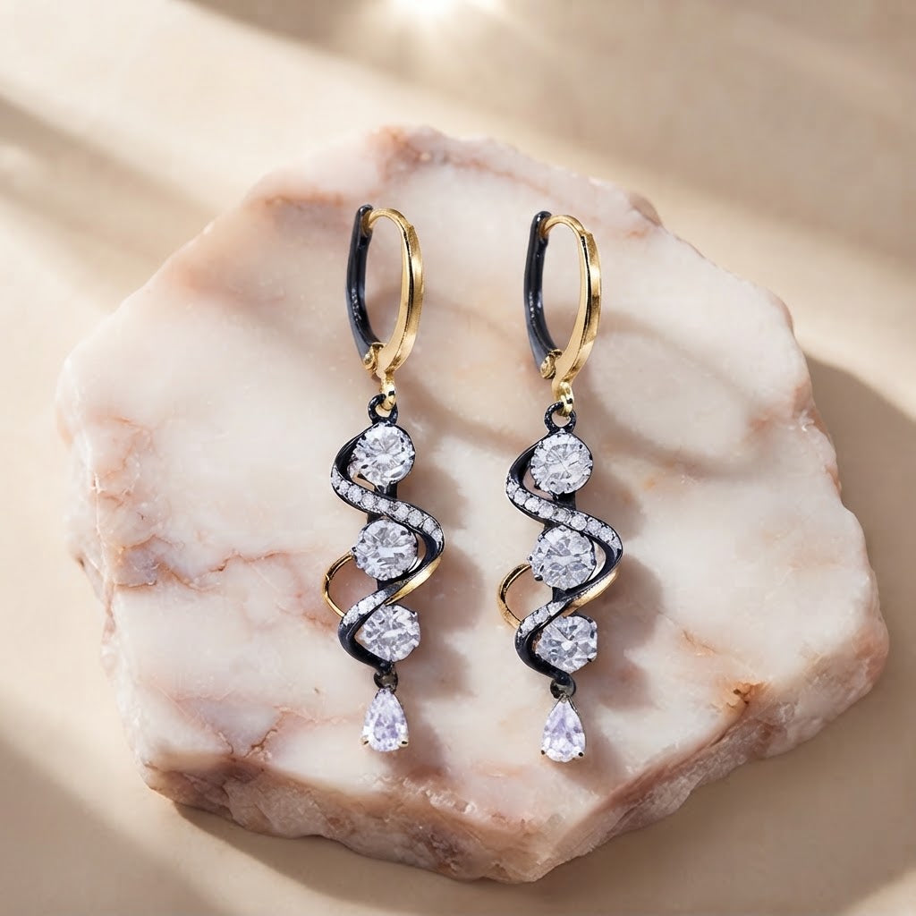 Twilight Elegance Black & Crystal Spiral Drop Earrings