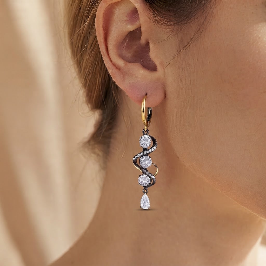 Twilight Elegance Black & Crystal Spiral Drop Earrings