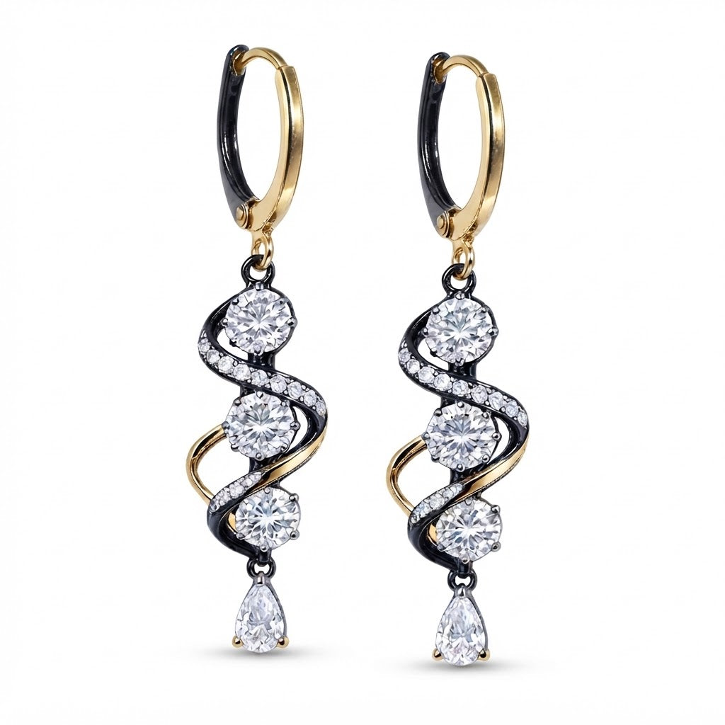 Twilight Elegance Black & Crystal Spiral Drop Earrings