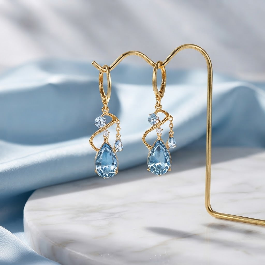 Ocean Teardrop Blue Crystal Gold Drop Earrings