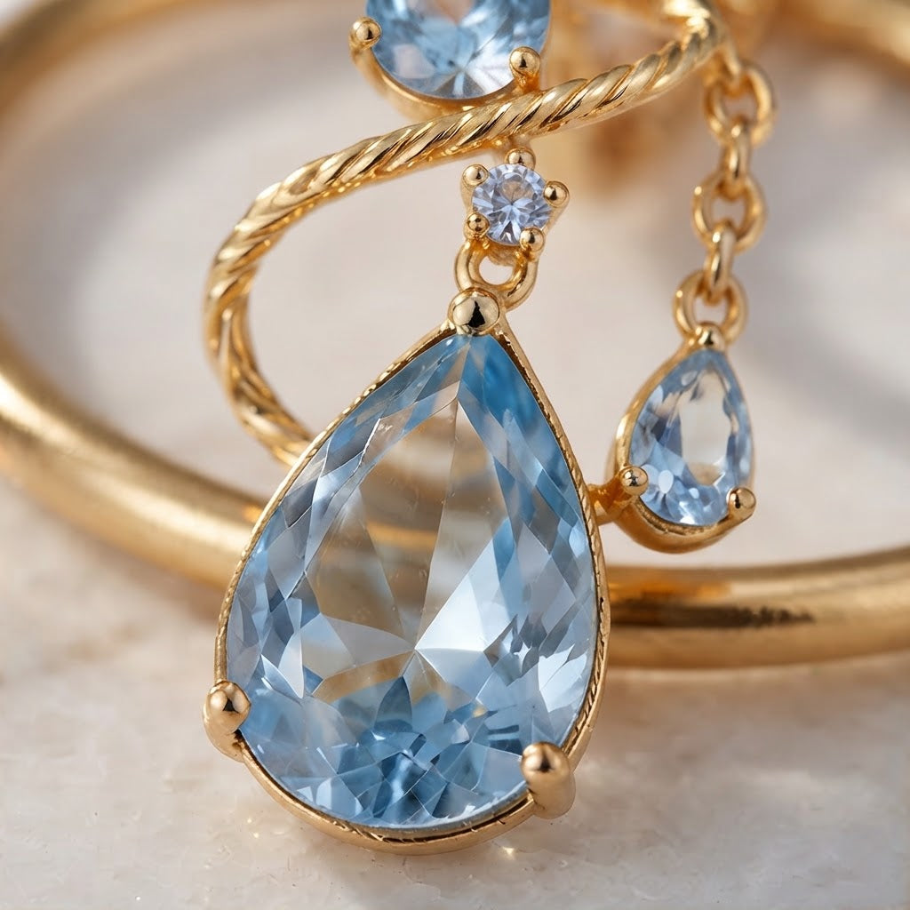 Ocean Teardrop Blue Crystal Gold Drop Earrings