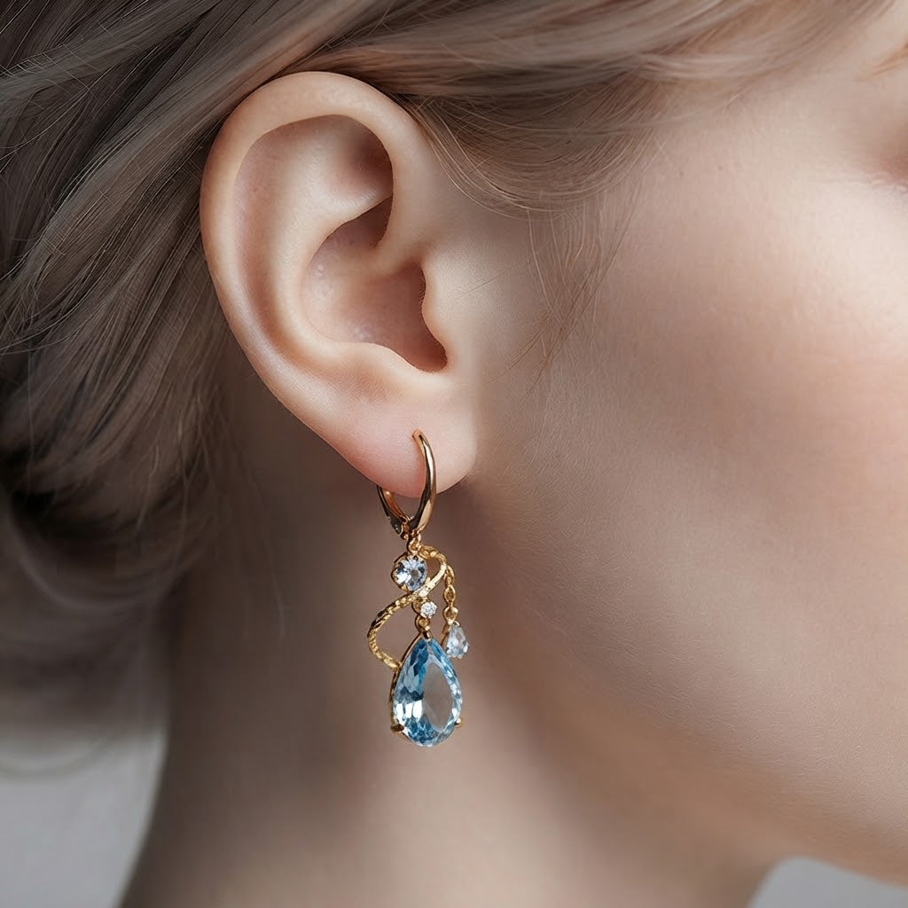 Ocean Teardrop Blue Crystal Gold Drop Earrings