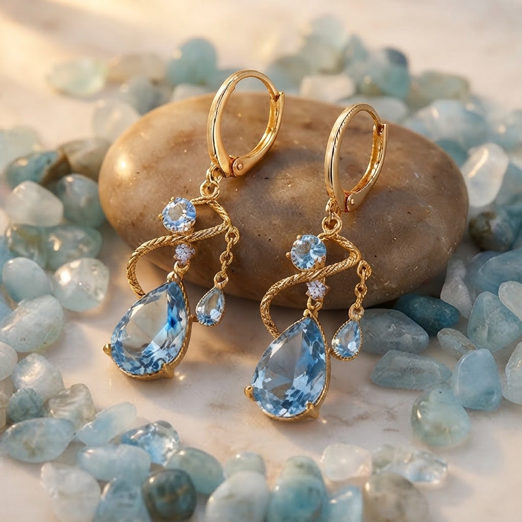Ocean Teardrop Blue Crystal Gold Drop Earrings