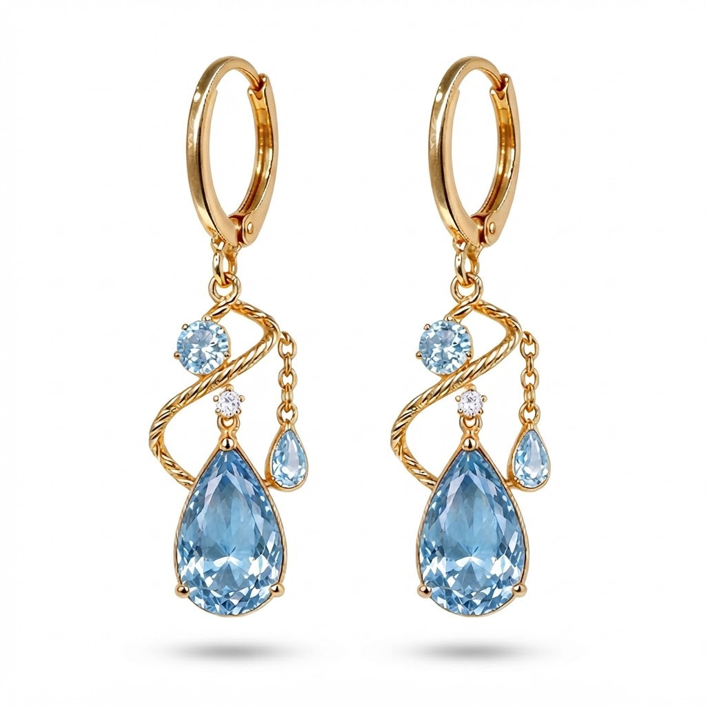 Ocean Teardrop Blue Crystal Gold Drop Earrings