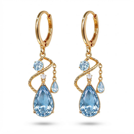 Ocean Teardrop Blue Crystal Gold Drop Earrings
