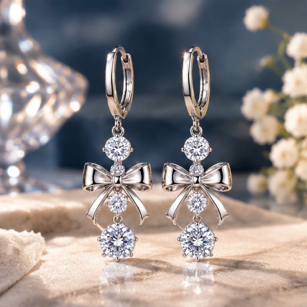 Silver Bow Crystal Drop Earrings