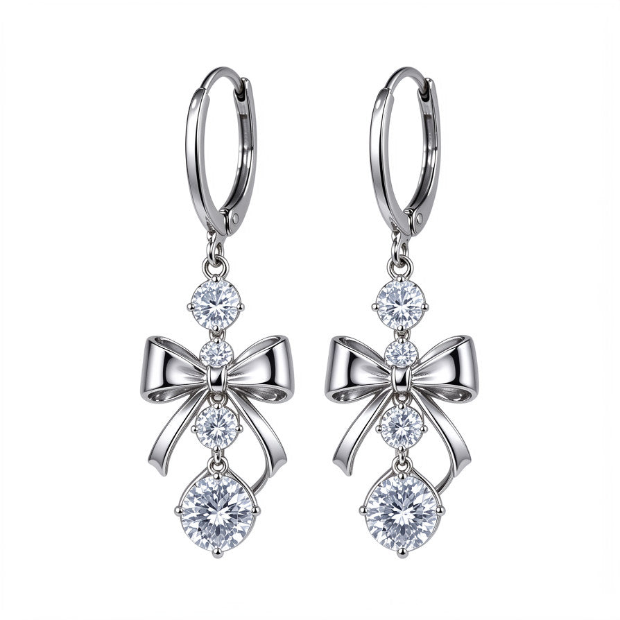 Silver Bow Crystal Drop Earrings